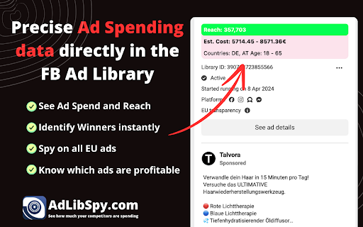 AdLibSpy See Spend in FB Ads Library from Chrome web store to be run with OffiDocs Chromium online AdLibSpy See Spend in FB Ads Library from Chrome web store to be run with OffiDocs Chromium online