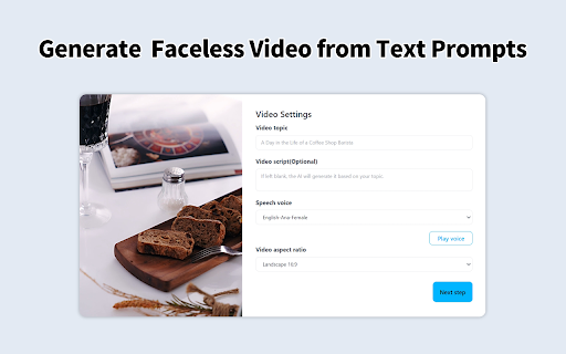 AI Faceless Video Generator from Chrome web store to be run with OffiDocs Chromium online AI Faceless Video Generator from Chrome web store to be run with OffiDocs Chromium online