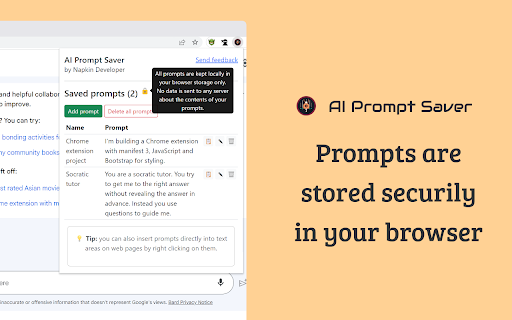 AI Prompt Saver from Chrome web store to be run with OffiDocs Chromium online AI Prompt Saver from Chrome web store to be run with OffiDocs Chromium online