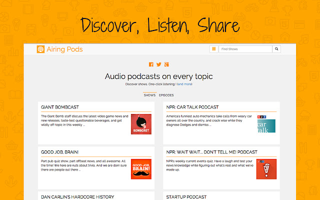 Airing Pods Audio Podcast Player App from Chrome web store to be run with OffiDocs Chromium online Airing Pods Audio Podcast Player App from Chrome web store to be run with OffiDocs Chromium online
