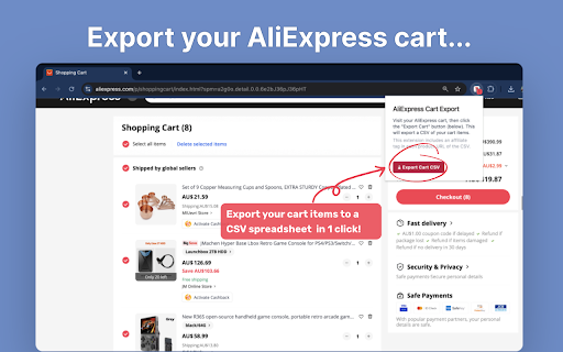 Ali Cart Export: Export your AliExpress cart to CSV from Chrome web store to be run with OffiDocs Chromium online Ali Cart Export: Export your AliExpress cart to CSV from Chrome web store to be run with OffiDocs Chromium online