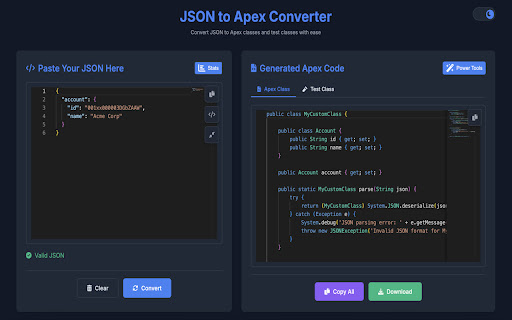 ApexGenie: JSON to Apex Converter from Chrome web store to be run with OffiDocs Chromium online ApexGenie: JSON to Apex Converter from Chrome web store to be run with OffiDocs Chromium online