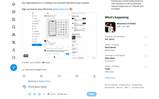 Assistia — AI Social Media Assistant from Chrome web store to be run with OffiDocs Chromium online Assistia — AI Social Media Assistant from Chrome web store to be run with OffiDocs Chromium online