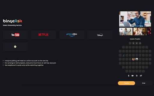 bingeAsk Watch Together from Chrome web store to be run with OffiDocs Chromium online bingeAsk Watch Together from Chrome web store to be run with OffiDocs Chromium online