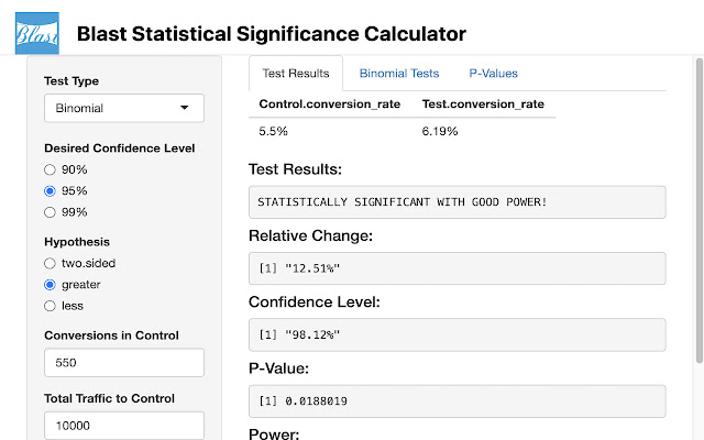 Blast A/B Test Stat Significance Calculator from Chrome web store to be run with OffiDocs Chromium online Blast A/B Test Stat Significance Calculator from Chrome web store to be run with OffiDocs Chromium online