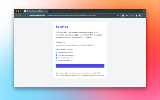 Bookmark Webhook Sync from Chrome web store to be run with OffiDocs Chromium online Bookmark Webhook Sync from Chrome web store to be run with OffiDocs Chromium online