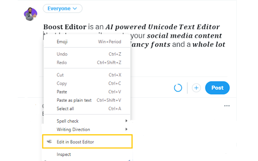 Boost EditorRight Click in SM Post Text Box from Chrome web store to be run with OffiDocs Chromium online Boost EditorRight Click in SM Post Text Box from Chrome web store to be run with OffiDocs Chromium online
