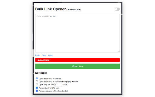 Bulk Link Opener from Chrome web store to be run with OffiDocs Chromium online Bulk Link Opener from Chrome web store to be run with OffiDocs Chromium online