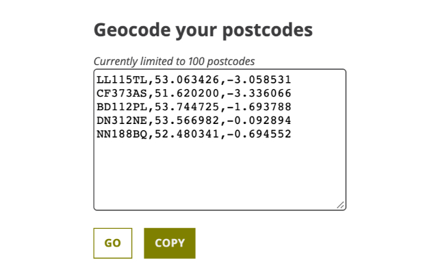 Bulk Postcode Geocode from Chrome web store to be run with OffiDocs Chromium online Bulk Postcode Geocode from Chrome web store to be run with OffiDocs Chromium online