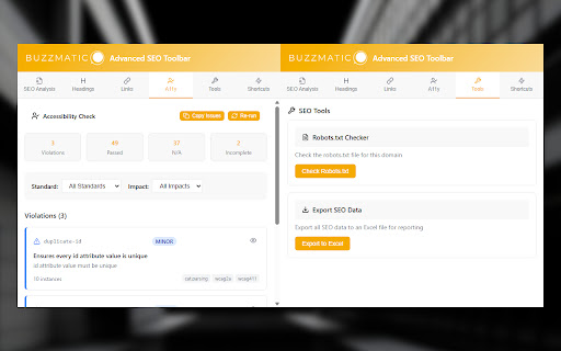 Buzzmatic Advanced SEO Toolbar from Chrome web store to be run with OffiDocs Chromium online Buzzmatic Advanced SEO Toolbar from Chrome web store to be run with OffiDocs Chromium online