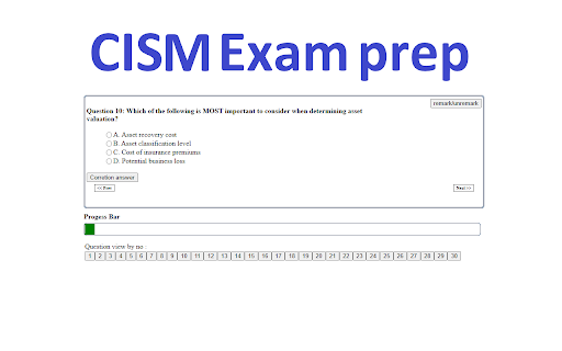 Certified Information Security Manager (CISM) Exam prep plugin from Chrome web store to be run with OffiDocs Chromium online Certified Information Security Manager (CISM) Exam prep plugin from Chrome web store to be run with OffiDocs Chromium online