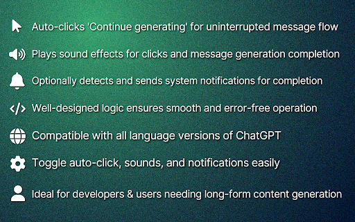 ChatGPT Automatically Continue generating with Completion Notification from Chrome web store to be run with OffiDocs Chromium online ChatGPT Automatically Continue generating with Completion Notification from Chrome web store to be run with OffiDocs Chromium online