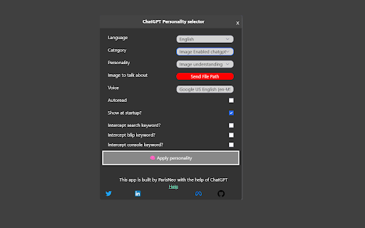 ChatGPT Personality Selector from Chrome web store to be run with OffiDocs Chromium online ChatGPT Personality Selector from Chrome web store to be run with OffiDocs Chromium online