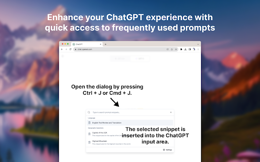 ChatGPT Prompt Snippets from Chrome web store to be run with OffiDocs Chromium online ChatGPT Prompt Snippets from Chrome web store to be run with OffiDocs Chromium online