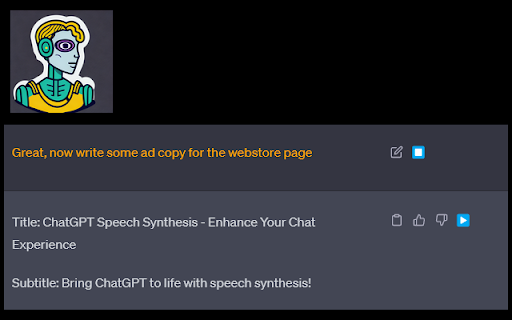 ChatGPT Speech Synthesis from Chrome web store to be run with OffiDocs Chromium online ChatGPT Speech Synthesis from Chrome web store to be run with OffiDocs Chromium online
