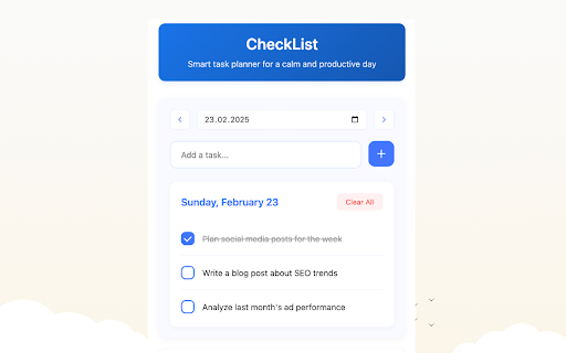CheckList Smart task planner for a calm and productive day from Chrome web store to be run with OffiDocs Chromium online CheckList Smart task planner for a calm and productive day from Chrome web store to be run with OffiDocs Chromium online