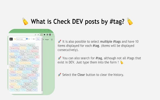 Check posts by tag in DEV from Chrome web store to be run with OffiDocs Chromium online Check posts by tag in DEV from Chrome web store to be run with OffiDocs Chromium online