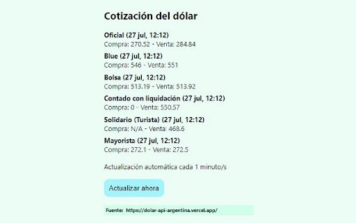 Cotización dólar vs. peso argentino from Chrome web store to be run with OffiDocs Chromium online Cotización dólar vs. peso argentino from Chrome web store to be run with OffiDocs Chromium online
