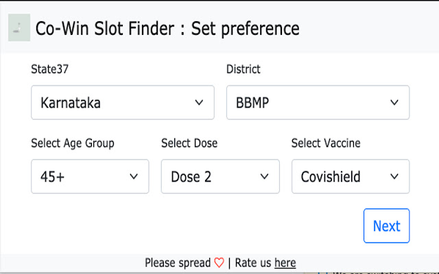 Co Win Slot Finder from Chrome web store to be run with OffiDocs Chromium online Co Win Slot Finder from Chrome web store to be run with OffiDocs Chromium online