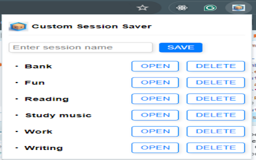 Custom Session Saver from Chrome web store to be run with OffiDocs Chromium online Custom Session Saver from Chrome web store to be run with OffiDocs Chromium online