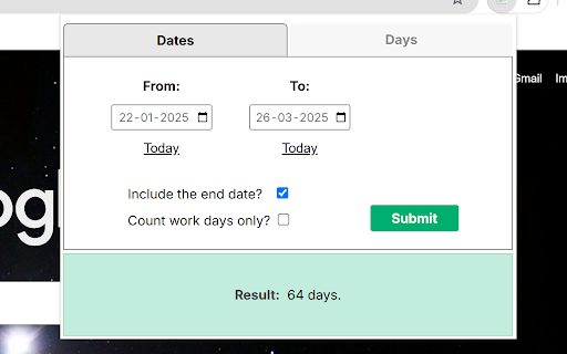 Days and Dates Calculator from Chrome web store to be run with OffiDocs Chromium online Days and Dates Calculator from Chrome web store to be run with OffiDocs Chromium online