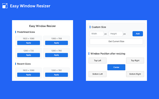 Easy Window Resizer from Chrome web store to be run with OffiDocs Chromium online Easy Window Resizer from Chrome web store to be run with OffiDocs Chromium online