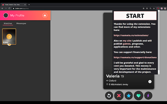 Endless Tinder Liker from Chrome web store to be run with OffiDocs Chromium online Endless Tinder Liker from Chrome web store to be run with OffiDocs Chromium online