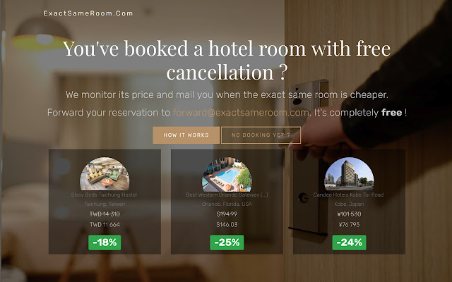 ExactSameRoom.com Cancel and rebook cheaper from Chrome web store to be run with OffiDocs Chromium online ExactSameRoom.com Cancel and rebook cheaper from Chrome web store to be run with OffiDocs Chromium online