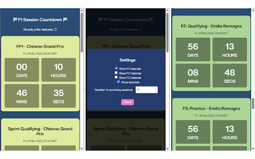 F1 Session Countdown from Chrome web store to be run with OffiDocs Chromium online F1 Session Countdown from Chrome web store to be run with OffiDocs Chromium online