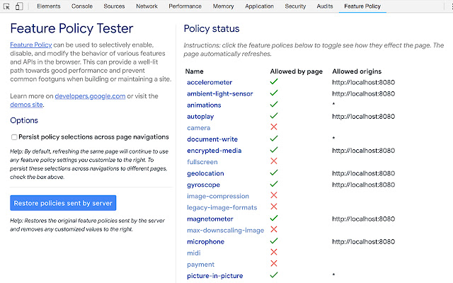 Feature Policy Tester DevTools Extension from Chrome web store to be run with OffiDocs Chromium online Feature Policy Tester DevTools Extension from Chrome web store to be run with OffiDocs Chromium online