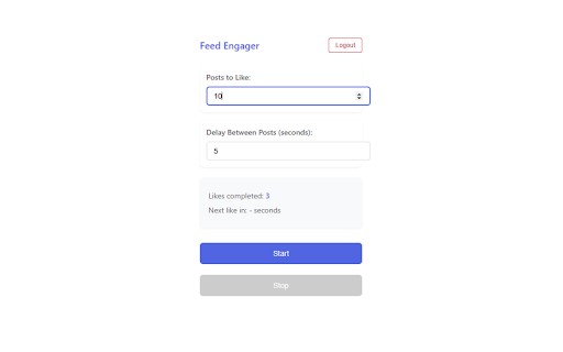 Feed Engager Auto Like Post on Your Feed from Chrome web store to be run with OffiDocs Chromium online Feed Engager Auto Like Post on Your Feed from Chrome web store to be run with OffiDocs Chromium online