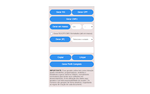 Gerador de CPF, RG e CNPJ from Chrome web store to be run with OffiDocs Chromium online Gerador de CPF, RG e CNPJ from Chrome web store to be run with OffiDocs Chromium online
