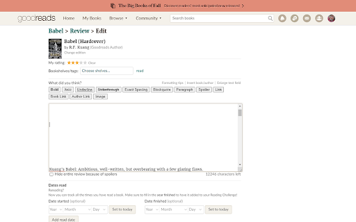 Goodreads Formatter from Chrome web store to be run with OffiDocs Chromium online Goodreads Formatter from Chrome web store to be run with OffiDocs Chromium online