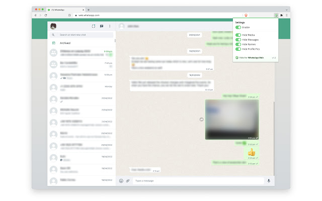 Hide for WhatsApp Web from Chrome web store to be run with OffiDocs Chromium online Hide for WhatsApp Web from Chrome web store to be run with OffiDocs Chromium online