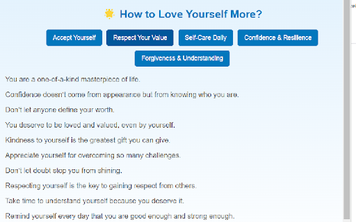 How to Love Yourself More? from Chrome web store to be run with OffiDocs Chromium online How to Love Yourself More? from Chrome web store to be run with OffiDocs Chromium online
