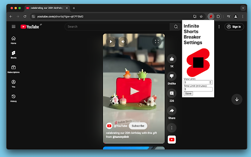 Infinite Shorts Breaker: Set viewing and time limits! from Chrome web store to be run with OffiDocs Chromium online Infinite Shorts Breaker: Set viewing and time limits! from Chrome web store to be run with OffiDocs Chromium online