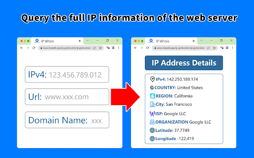 IP Whois IP Address and Domain Information from Chrome web store to be run with OffiDocs Chromium online IP Whois IP Address and Domain Information from Chrome web store to be run with OffiDocs Chromium online