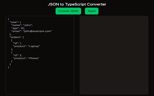 Json to TypeScript Interface from Chrome web store to be run with OffiDocs Chromium online Json to TypeScript Interface from Chrome web store to be run with OffiDocs Chromium online