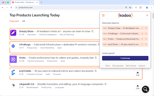 Kadoa AI Web Scraper from Chrome web store to be run with OffiDocs Chromium online Kadoa AI Web Scraper from Chrome web store to be run with OffiDocs Chromium online