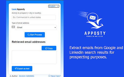 Lead.Apposty Email Prospector from Chrome web store to be run with OffiDocs Chromium online Lead.Apposty Email Prospector from Chrome web store to be run with OffiDocs Chromium online
