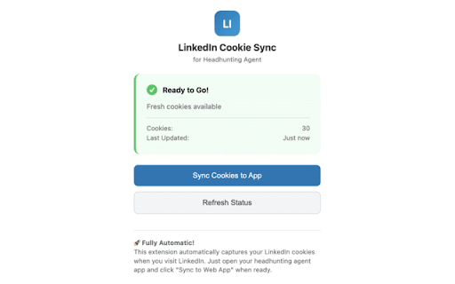 LinkedIn Cookie Sync for Headhunting Agent from Chrome web store to be run with OffiDocs Chromium online LinkedIn Cookie Sync for Headhunting Agent from Chrome web store to be run with OffiDocs Chromium online