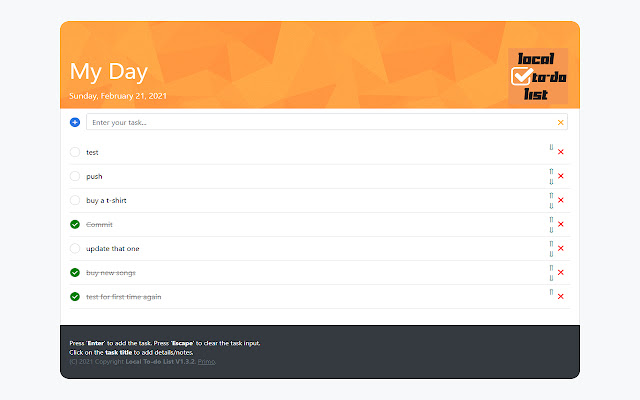 Local To do List from Chrome web store to be run with OffiDocs Chromium online Local To do List from Chrome web store to be run with OffiDocs Chromium online