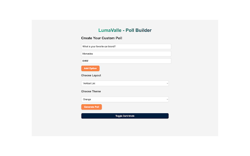 Lumavalle Poll Builder from Chrome web store to be run with OffiDocs Chromium online Lumavalle Poll Builder from Chrome web store to be run with OffiDocs Chromium online