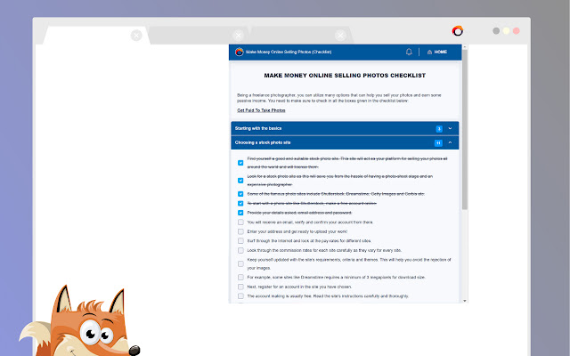 Make Money Online Selling Photos (Checklist) from Chrome web store to be run with OffiDocs Chromium online Make Money Online Selling Photos (Checklist) from Chrome web store to be run with OffiDocs Chromium online