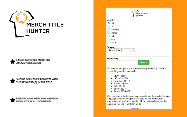 Merch Title Hunter from Chrome web store to be run with OffiDocs Chromium online Merch Title Hunter from Chrome web store to be run with OffiDocs Chromium online