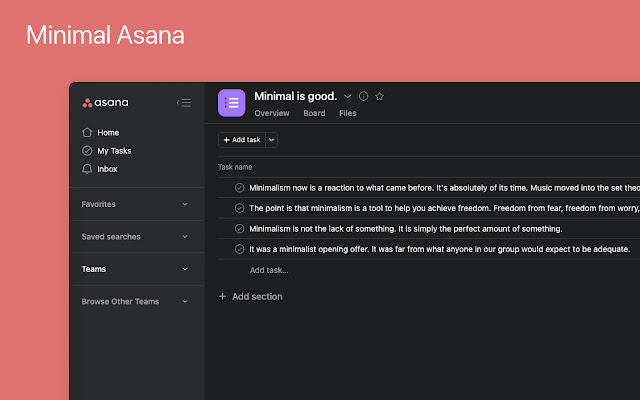 Minimal Asana from Chrome web store to be run with OffiDocs Chromium online Minimal Asana from Chrome web store to be run with OffiDocs Chromium online