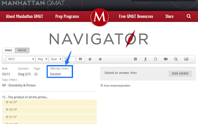Navigator Difficulty Hider: Manhattan GMAT from Chrome web store to be run with OffiDocs Chromium online Navigator Difficulty Hider: Manhattan GMAT from Chrome web store to be run with OffiDocs Chromium online
