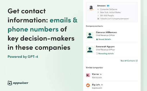 Oppwiser Find Your Next ICP with One Click from Chrome web store to be run with OffiDocs Chromium online Oppwiser Find Your Next ICP with One Click from Chrome web store to be run with OffiDocs Chromium online