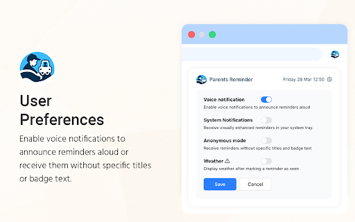 Parents Reminder: School Pickup Alerts with Voice Badge Notifications from Chrome web store to be run with OffiDocs Chromium online Parents Reminder: School Pickup Alerts with Voice Badge Notifications from Chrome web store to be run with OffiDocs Chromium online