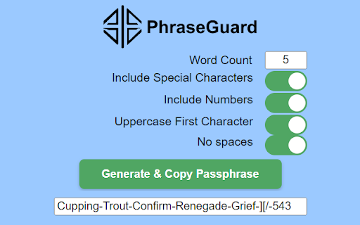 PhraseGuard: Passphrase Generator from Chrome web store to be run with OffiDocs Chromium online PhraseGuard: Passphrase Generator from Chrome web store to be run with OffiDocs Chromium online